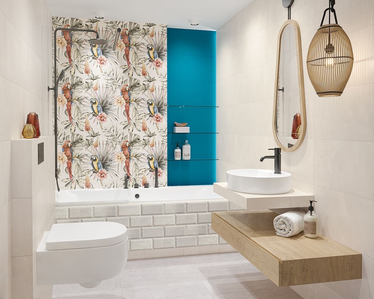 #Koupelna #Moderní styl #bílá #modrá #Velký formát #Matný obklad #500 - 700 Kč/m2 #Ceramika Paradyz #Happines